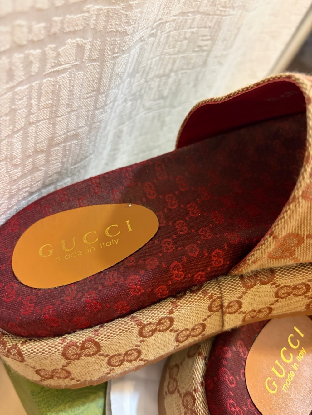 Gucci monogram Brown GG Canvas Platform Slide Sandals with Burgundy Insole - Picture 6 of 14